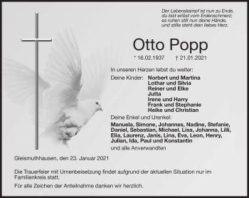 Traueranzeige von Otto Popp von Neue Presse Coburg