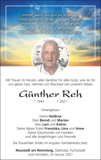 Traueranzeige von Günther Reh von Südthüringer Presse