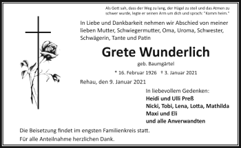 Traueranzeige von Grete Wunderlich von Frankenpost