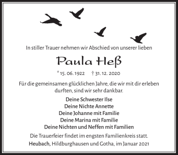 Traueranzeige von Paula Heß von Südthüringer Presse