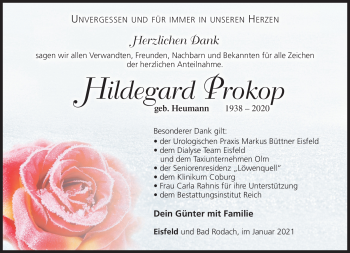 Traueranzeige von Hildegard Prokop von Südthüringer Presse