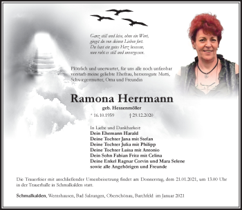 Traueranzeige von Romona Herrmann von Südthüringer Presse