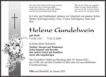 Traueranzeige von Helene Gundelwein von Südthüringer Presse