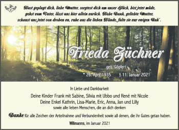 Traueranzeige von Frieda Züchner von Südthüringer Presse