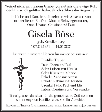 Traueranzeige von Gisela Böse von Südthüringer Presse