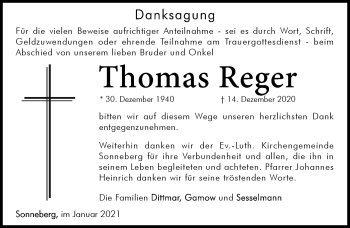 Traueranzeige von Thomas Reger von Südthüringer Presse