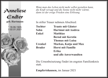 Traueranzeige von Anneliese Endter von Südthüringer Presse