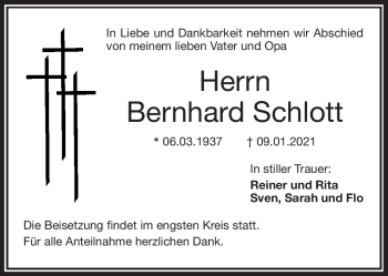 Traueranzeige von Bernhard Schlott von Frankenpost