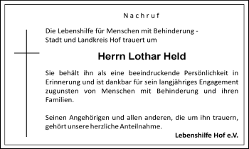 Traueranzeige von Lothar Held von Frankenpost
