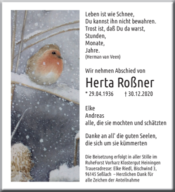 Traueranzeige von Herta Roßner von Neue Presse Coburg