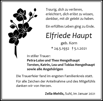 Traueranzeige von Elfriede Haupt von Südthüringer Presse