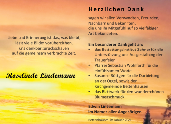 Traueranzeige von Roselinde LIndemann von Südthüringer Presse