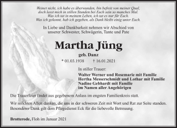 Traueranzeige von Martha Jüng von Südthüringer Presse