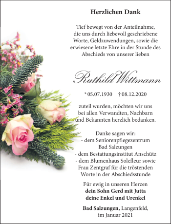 Traueranzeige von Ruthild Wittmann von Südthüringer Presse