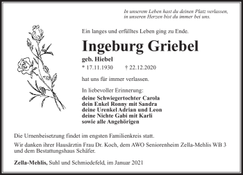 Traueranzeige von Ingeburg Griebel von Südthüringer Presse