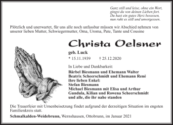 Traueranzeige von Christa Oelsner von Südthüringer Presse