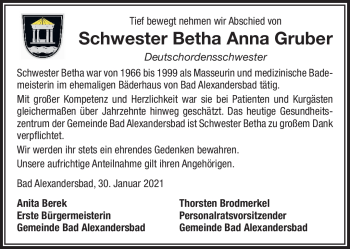 Traueranzeige von Betha Anna Gruber von Frankenpost