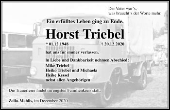 Traueranzeige von Horst Triebel von Südthüringer Presse