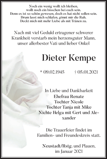 Traueranzeige von Dieter Kempe von Südthüringer Presse