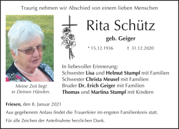 Traueranzeige von Rita Schütz von Neue Presse Coburg