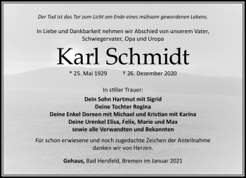 Traueranzeige von Karl Schmidt von Südthüringer Presse