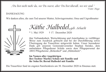 Traueranzeige von Käthe Halbedel von Südthüringer Presse