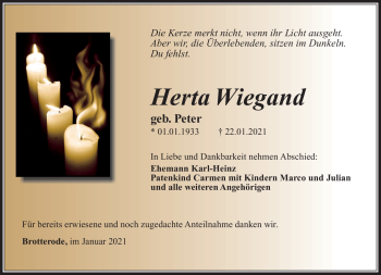 Traueranzeige von Herta Wiegand von Südthüringer Presse