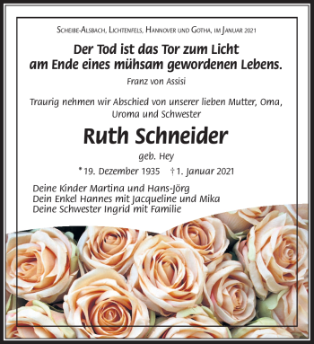 Traueranzeige von Ruth Schneider von Südthüringer Presse