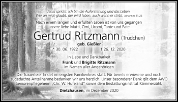 Traueranzeige von Gertrud Ritzmann von Südthüringer Presse