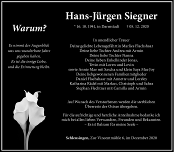 Traueranzeige von Hans-Jürgen Siegner von Südthüringer Presse