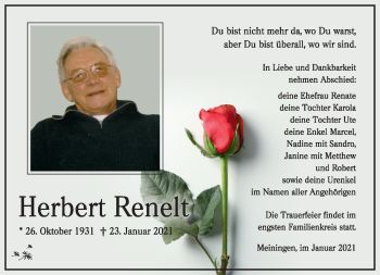 Traueranzeige von Herbert Renelt von Südthüringer Presse