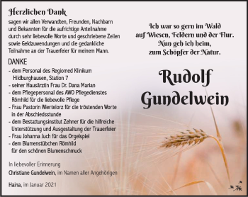 Traueranzeige von Rudolf Gundelwein von Südthüringer Presse