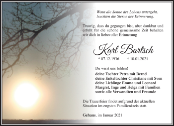 Traueranzeige von Karl Bartsch von Südthüringer Presse
