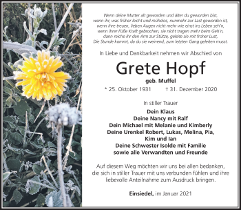 Traueranzeige von Grete Hopf von Südthüringer Presse