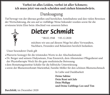 Traueranzeige von Dieter Schmidt von Südthüringer Presse