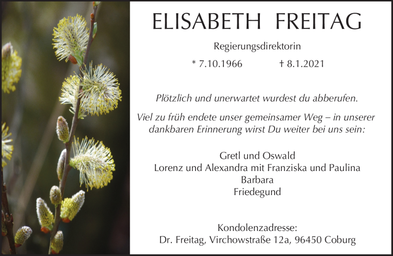  Traueranzeige für Elisabeth Freitag vom 12.01.2021 aus Neue Presse Coburg