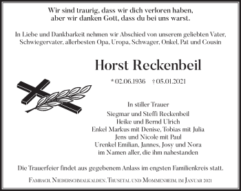 Traueranzeige von Horst Reckenbeil von Südthüringer Presse