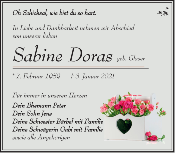 Traueranzeige von Sabine Doras von Südthüringer Presse