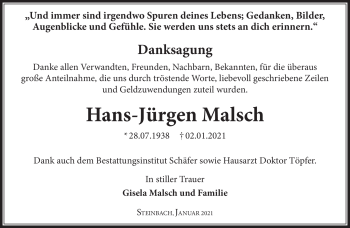Traueranzeige von Hans-Jürgen Malsch von Südthüringer Presse