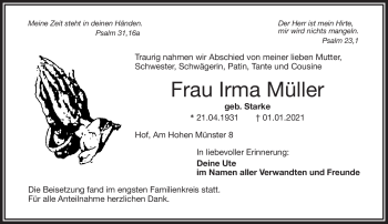 Traueranzeige von Irma Müller von Frankenpost