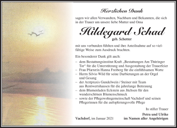 Traueranzeige von Hildegard Schad von Südthüringer Presse