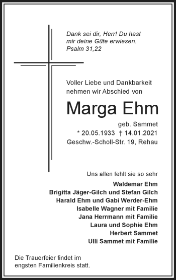 Traueranzeige von Marga Ehm von Frankenpost