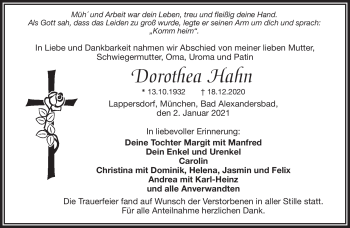 Traueranzeige von Dorothea Hahn von Frankenpost