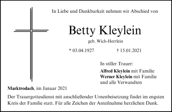 Traueranzeige von Betty Kleylein von Neue Presse Coburg