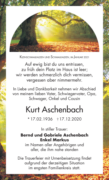 Traueranzeige von Kurt Aschenbach von Südthüringer Presse