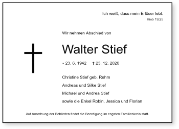 Traueranzeige von Walter Stief von Südthüringer Presse
