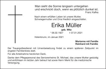 Traueranzeige von Erika Müller von Frankenpost