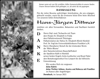 Traueranzeige von Dittmar Hans-Jürgen von Südthüringer Presse