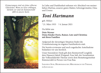 Traueranzeige von Toni Hartmann von Südthüringer Presse