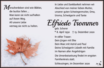 Traueranzeige von Elfriede Trommer von Südthüringer Presse